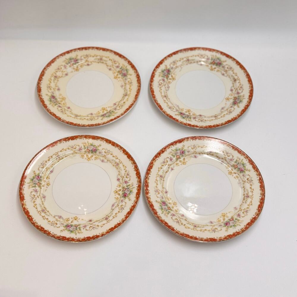 Hinode Japan Set of 4 Floral China Plates Gold Trim Pink Roses Vintage